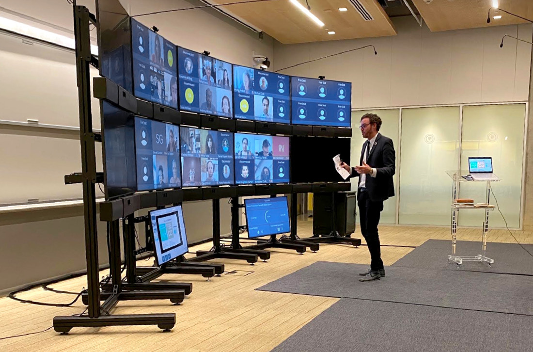 Our virtual classroom technology replicates a classroom’s physical space, with faculty teaching to a curved wall of student screens. Multiple cameras allow faculty to make eye contact with individual students, and heat mapping shows where faculty have directed their attention to avoid favoring one side of the “room.”