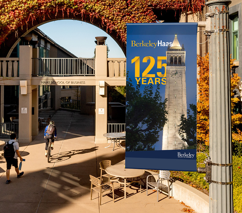 Image of Haas 125 Year Banner in from of archway entrance