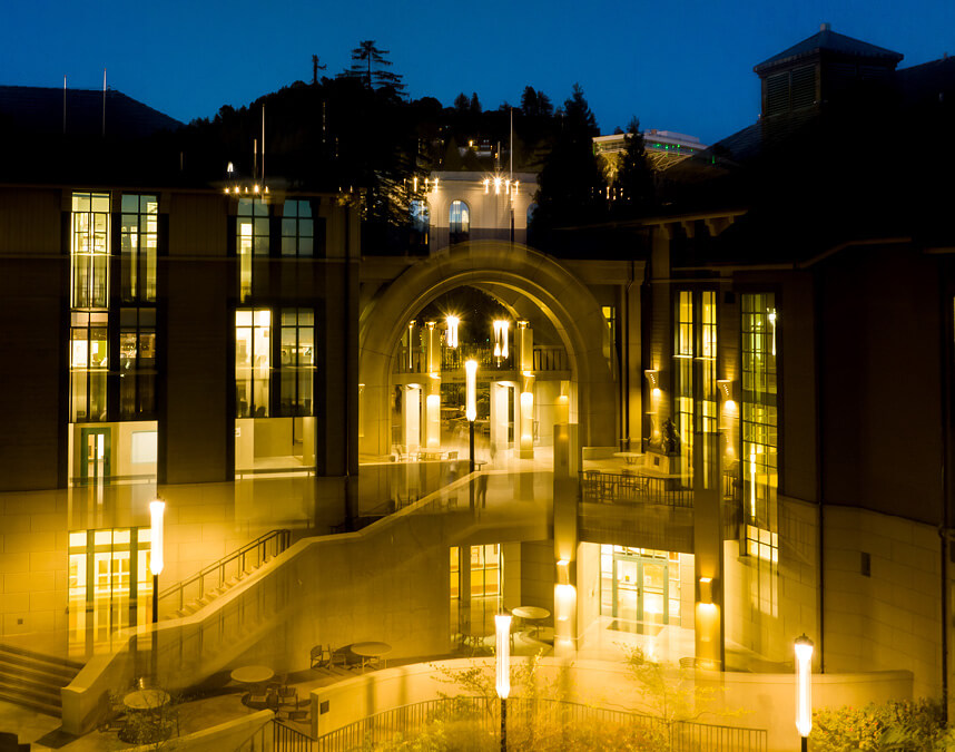 aerial image of haas campus at night