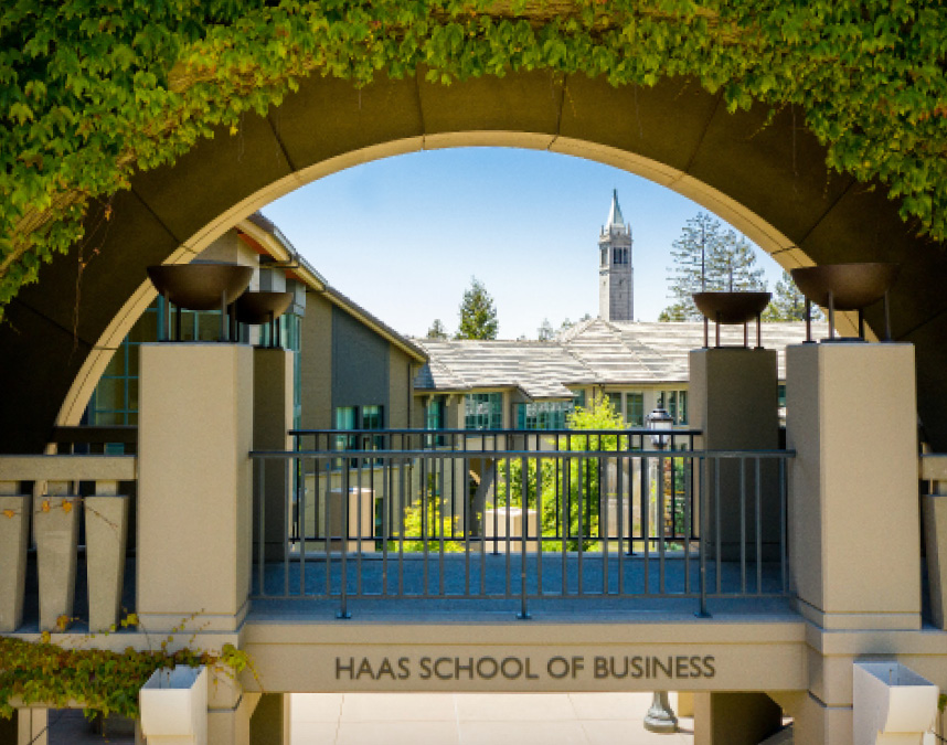 Thumbnail image of the entry archway to Haas campus with Campanile visible through it