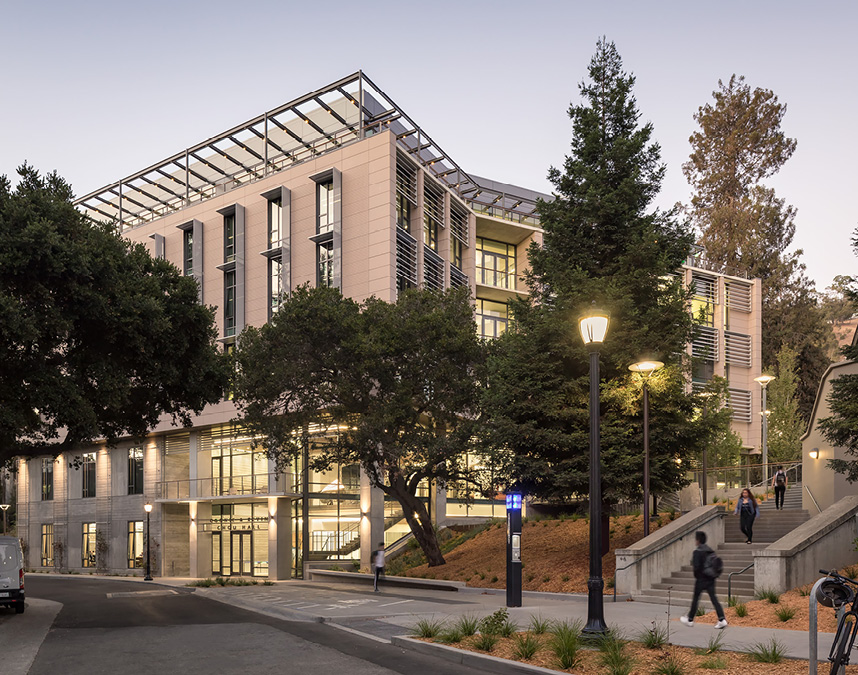 Image of Chou Hall on campus at dusk